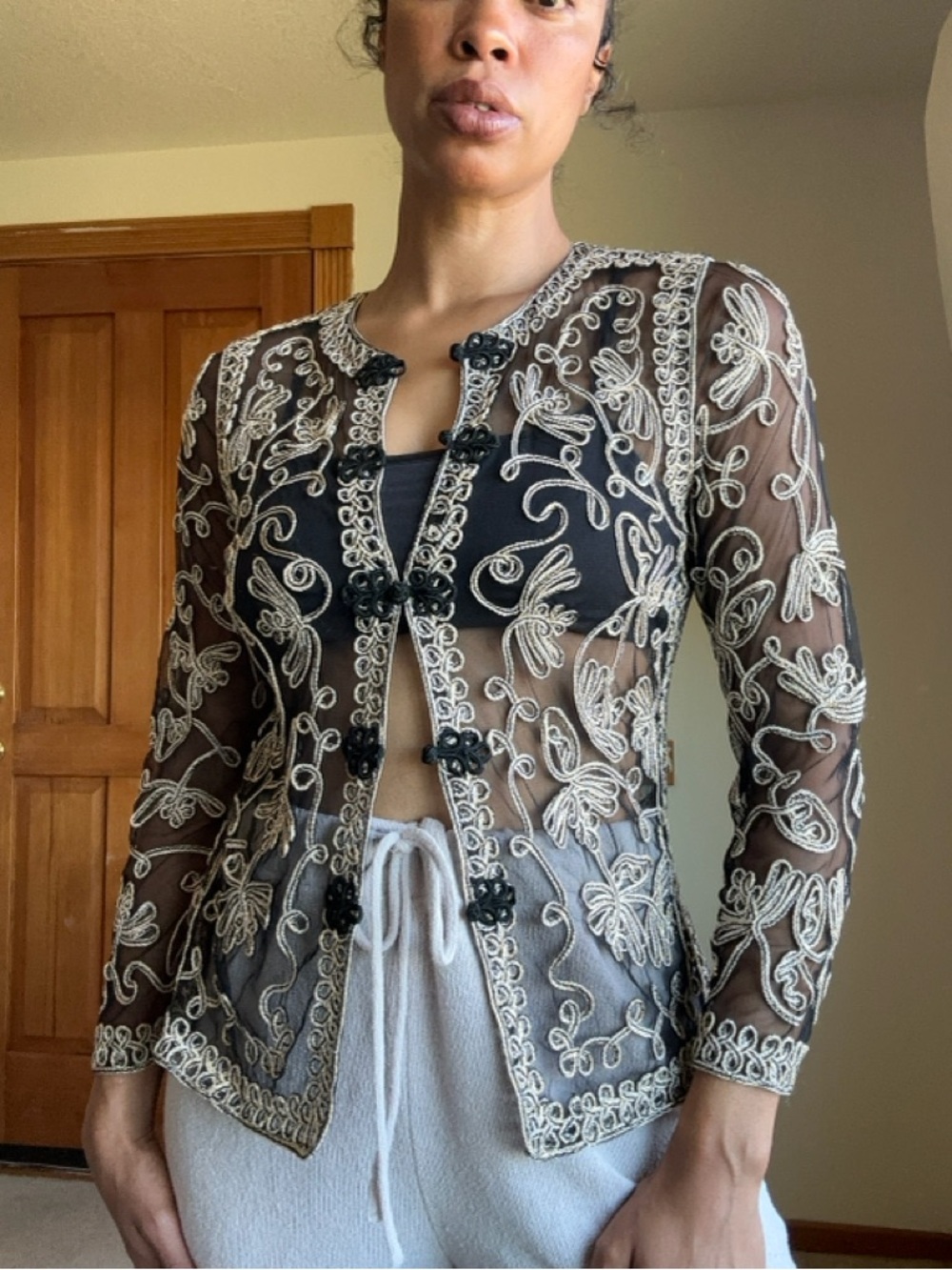 Sheer Black Embroidered Button-Front blouse